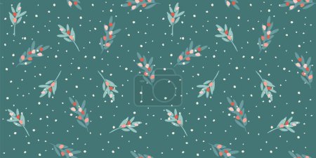 Illustration for Christmas and Happy New Year seamless pattern. Branches, leaves, berries, snowflakes. New Year symbols. Trendy retro style. Vector design template. - Royalty Free Image