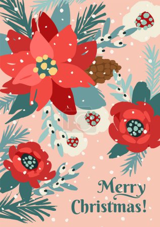 Téléchargez les illustrations : Christmas and Happy New Year card with white Christmas tree and flowers. Trendy retro style. Vector design template. - en licence libre de droit