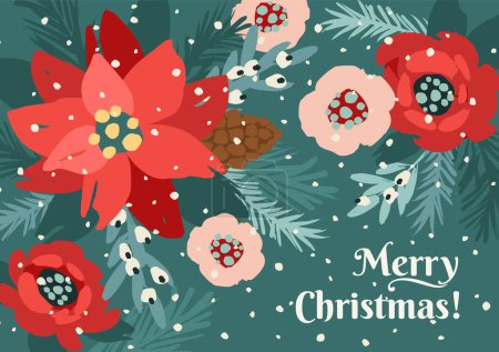 Téléchargez les illustrations : Christmas and Happy New Year card with white Christmas tree and flowers. Trendy retro style. Vector design template. - en licence libre de droit