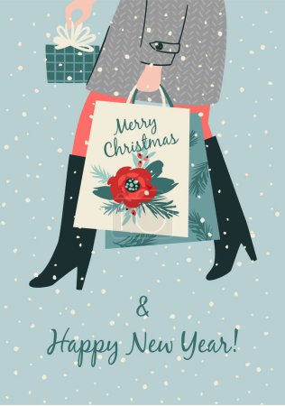 Illustration for Christmas and Happy New Year isolated illustration. Lady carries gifts. Trendy retro style. Vector design template. - Royalty Free Image