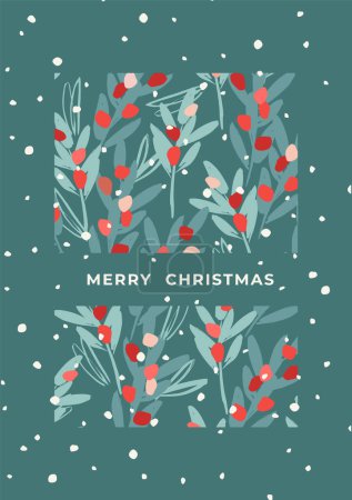 Illustration for Christmas and Happy New Year illustration with with branches, leaves, berries, snowflakes. Trendy retro style. Vector design template. - Royalty Free Image