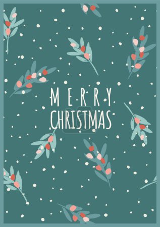 Illustration for Christmas and Happy New Year illustration with with branches, leaves, berries, snowflakes. Trendy retro style. Vector design template. - Royalty Free Image