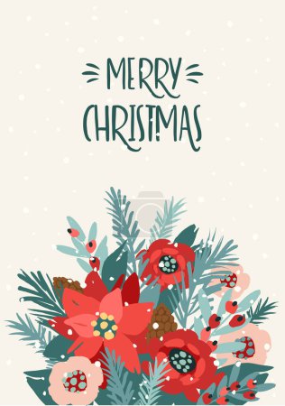 Illustration for Christmas and Happy New Year card with bouquet. Trendy retro style. Vector design template. - Royalty Free Image