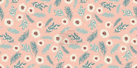 Téléchargez les illustrations : Christmas and Happy New Year seamless pattern. Christmas tree, flowers, berries. New Year symbols. Vector design template. - en licence libre de droit