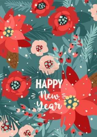 Illustration for Christmas and Happy New Year card with Christmas tree and flowers. Trendy retro style. Vector design template. - Royalty Free Image