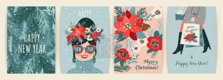 Illustration for Christmas and Happy New Year illustration for cards and other use. Trendy retro style. Vector design templates. - Royalty Free Image