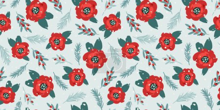 Téléchargez les illustrations : Christmas and Happy New Year seamless pattern. Christmas tree, flowers, berries. New Year symbols. Vector design template. - en licence libre de droit