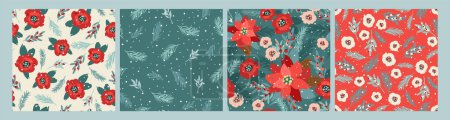 Illustration for Christmas and Happy New Year seamless patterns. Christmas tree, flowers, berries. New Year symbols. Vector design templates. - Royalty Free Image