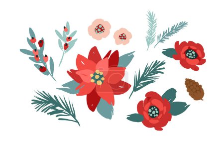 Téléchargez les illustrations : Ensemble d'éléments de design floral de Noël. Fleurs, feuilles, aiguilles, baies Illustrations vectorielles - en licence libre de droit