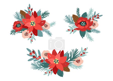 Téléchargez les illustrations : Ensemble d'éléments de design floral de Noël. Fleurs, feuilles, aiguilles, baies Illustrations vectorielles - en licence libre de droit
