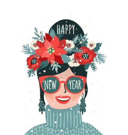 Illustration for Christmas and Happy New Year isolated illustration of young woman. Trendy retro style. Vector design template. - Royalty Free Image