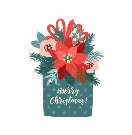 Illustration for Christmas and Happy New Year isolated illustration with gift box. Trendy retro style. Vector design template. - Royalty Free Image