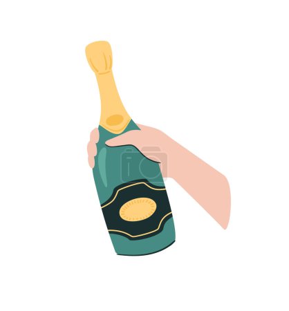 Illustration for Christmas and Happy New Year isolated illustration. Hand with bottle of champagne. Trendy retro style. Vector design template. - Royalty Free Image