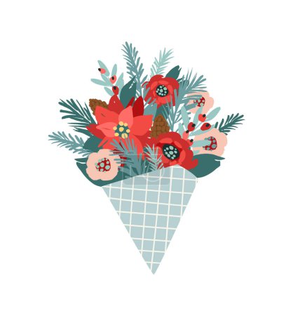 Illustration for Christmas and Happy New Year isolated illustration with bouquet. Trendy retro style. Vector design template. - Royalty Free Image