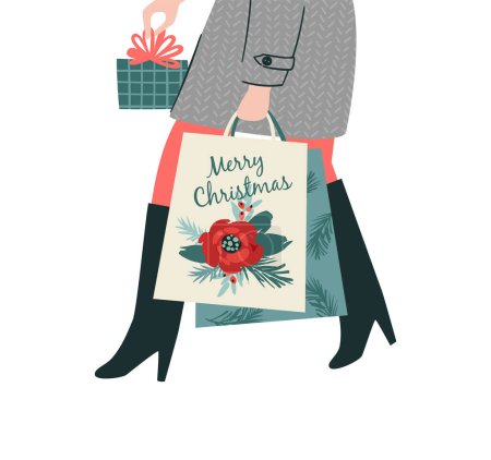 Illustration for Christmas and Happy New Year isolated illustration. Lady carries gifts. Trendy retro style. Vector design template. - Royalty Free Image
