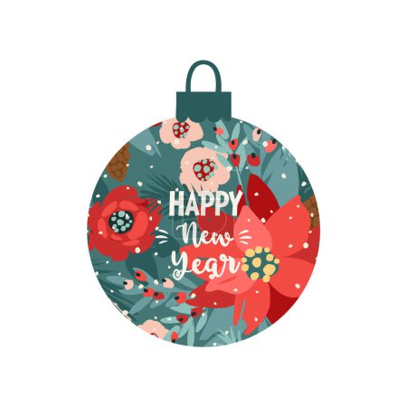 Illustration for Christmas and Happy New Year ball with flowers. Isolated illustration. Vector design template. - Royalty Free Image