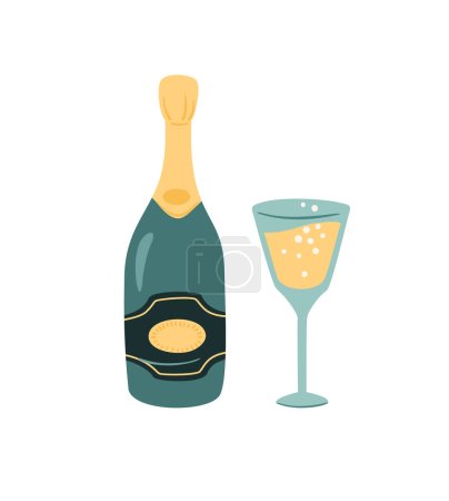Téléchargez les illustrations : Bouteille de champagne et verre. Illustration isolée. Modèle de conception vectorielle. - en licence libre de droit
