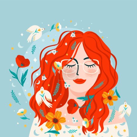 Porträt eines süßen Mädchens mit Blumen und Vögeln. Selbstfürsorge, Selbstliebe, Harmonie. Isoliertes Vektordesign.
