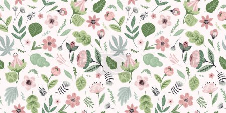 Illustration for Abstract gentle seamless pattern with leaves, flowers and grass. Modern exotic design for paper, cover, fabric, interior decor and other use. - Royalty Free Image