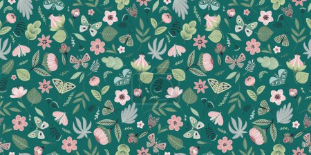 Ilustración de Abstract floral seamless pattern with butterflies and moths. Modern exotic design for paper, cover, fabric, interior decor and other use. - Imagen libre de derechos