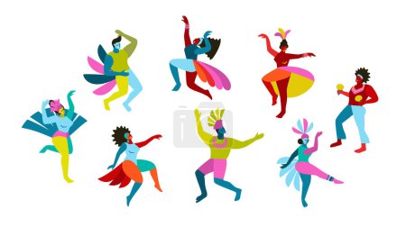 Téléchargez les illustrations : Illustrations abstraites isolées vectorielles de danseurs drôles en costumes lumineux. Carnaval brésilien. Eléments de conception pour le concept de carnaval et d'autres utilisations - en licence libre de droit