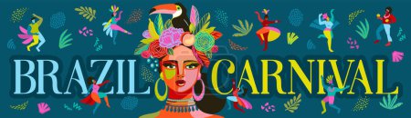 Téléchargez les illustrations : Bannière avec portrait de femme et de personnes en tenue de carnaval brésilien. Illustration vectorielle abstraite. Conception pour le concept de carnaval et d'autres utilisations - en licence libre de droit