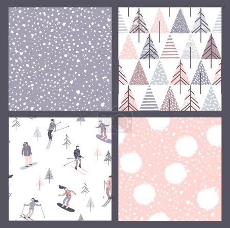 Illustration for Vector set of winter seamless patterns with snow, skiers and snowboarders. Trendy hand drawn texture. Design for textile, wall art, wrapping paper, wallpaper and other uses. - Royalty Free Image