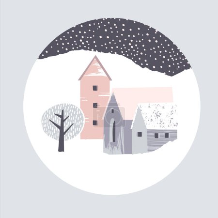 Illustration for Winter landscape. Snowy houses. Round illustration. Vector template - Royalty Free Image