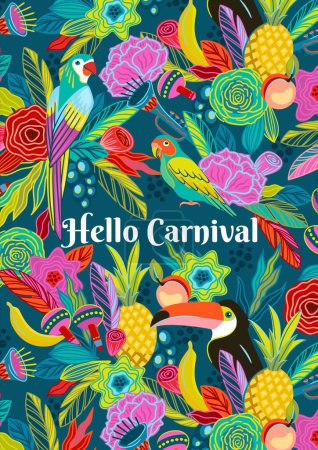 Ilustración de Plantilla con flores, frutas, pájaros, instrumentos musicales. Carnaval de Brasil. Diseño vectorial para el concepto de carnaval y otros usos - Imagen libre de derechos