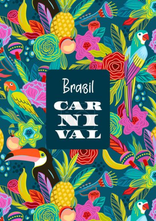 Illustration for Template with flowers, fruits, birds, musical instruments. Brazil carnival. Vector design for carnival concept and other use - Royalty Free Image