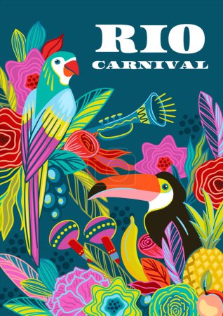 Téléchargez les illustrations : Modèle avec fleurs, fruits, oiseaux, instruments de musique. Carnaval brésilien. Conception vectorielle pour le concept de carnaval et d'autres utilisations - en licence libre de droit