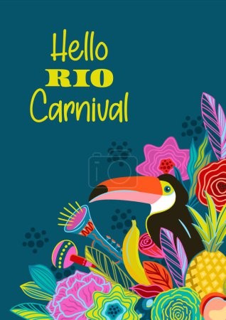 Illustration for Template with flowers and toucan. Brazil carnival. Vector design for carnival concept and other use - Royalty Free Image