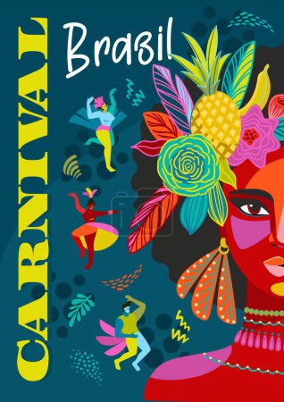 Téléchargez les illustrations : Affiche avec portrait de femme en tenue de carnaval brésilien. Illustration vectorielle abstraite. Conception pour le concept de carnaval et d'autres utilisations - en licence libre de droit