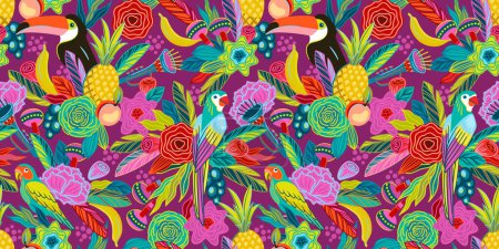 Ilustración de Patrón sin costura vectorial con flores, frutas, pájaros, instrumentos musicales. Carnaval de Brasil. Plantillas de diseño para el concepto de carnaval y otros usos - Imagen libre de derechos