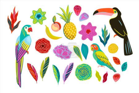 Téléchargez les illustrations : Un ensemble d'illustrations lumineuses d'oiseaux tropicaux, de fleurs et de fruits. Eléments isolés. Conception vectorielle - en licence libre de droit