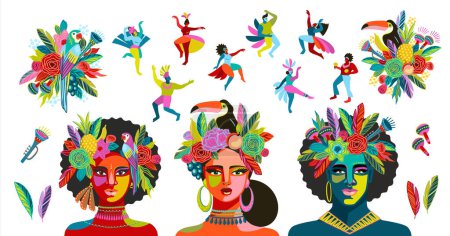 Ilustración de Conjunto de ilustraciones abstractas de personas. Carnaval de Brasil. Diseños aislados vectoriales para el concepto de carnaval y otros usos - Imagen libre de derechos
