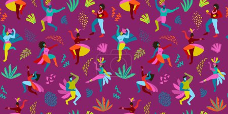 Téléchargez les illustrations : Modèle vectoriel sans couture avec des hommes et des femmes abstraits en costumes lumineux. Carnaval brésilien. Modèles de conception pour le concept de carnaval et d'autres utilisations - en licence libre de droit