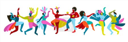 Illustration for Vector isolated abstract illustrations of funny dancing men and women in bright costumes. Brazil carnival. Design elements for carnival concept and other use - Royalty Free Image