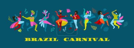 Téléchargez les illustrations : Bannière vectorielle avec des hommes et des femmes drôles de danse en costumes lumineux. Carnaval brésilien. Eléments de conception pour le concept de carnaval et d'autres utilisations - en licence libre de droit