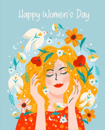 Ilustración de Ilustración con mujer, flores y pájaros. Concepto de diseño vectorial para el Día Internacional de la Mujer y otros usos - Imagen libre de derechos
