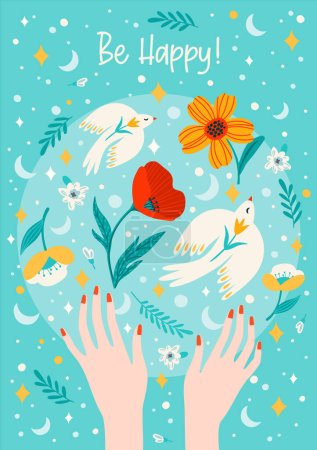 Ilustración de Ilustración con manos femeninas, flores y pájaros. Concepto de diseño vectorial para el Día Internacional de la Mujer y otros usos - Imagen libre de derechos