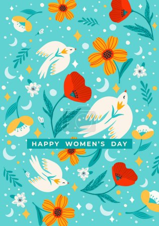 Illustration mit Blumen und Vögeln. Vektor-Designkonzept für den Internationalen Frauentag und andere Anwendungen