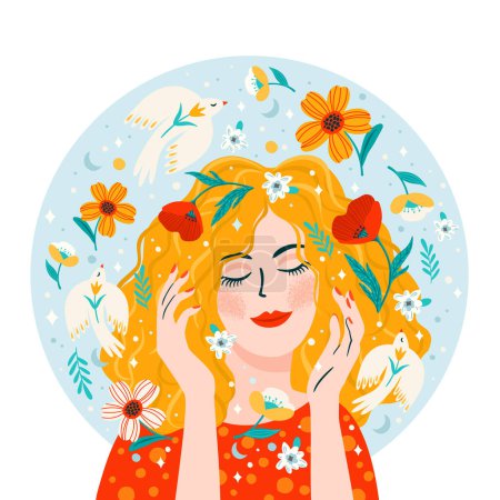 Ilustración de Ilustración con mujer, flores y pájaros. Concepto de diseño vectorial para el Día Internacional de la Mujer y otros usos - Imagen libre de derechos