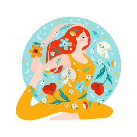 Téléchargez les illustrations : Illustration avec une femme faisant du yoga, des fleurs et des oiseaux. Concept de design vectoriel pour la Journée internationale de la femme et d'autres usages - en licence libre de droit