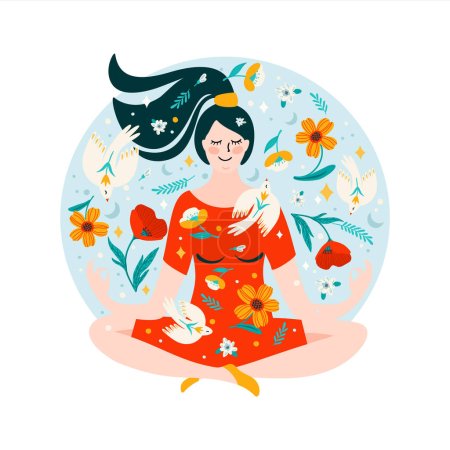 Ilustración de Ilustración con mujer haciendo yoga, flores y pájaros. Concepto de diseño vectorial para el Día Internacional de la Mujer y otros usos - Imagen libre de derechos