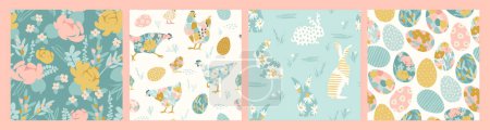 Illustration for Happy Easter. Vector seamless patterns with abstract chickens, rabbits, eggs and flowers. Vector design templates - Royalty Free Image