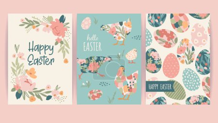 Illustration for Set of Easter cards. Cute hand drawn illustrations. Vector design templates in vintage pastel colors. - Royalty Free Image