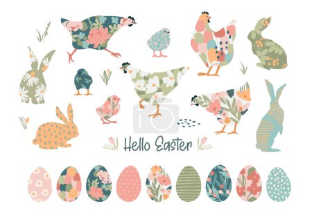 Illustration for Hello Easter. Vector set of cute illustration. Chicken, bunnies , flowers, eggs. Design elements for card, poster, flyer and other use. - Royalty Free Image