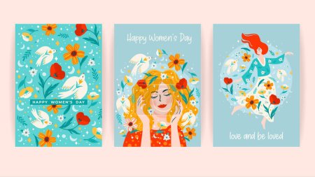 Kartenset mit Frauen, Blumen und Vögeln. Vektor-Designkonzept für den Internationalen Frauentag und andere Anwendungen