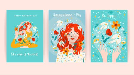 Ilustración de Conjunto de cartas con mujeres, flores y pájaros. Concepto de diseño vectorial para el Día Internacional de la Mujer y otros usos - Imagen libre de derechos